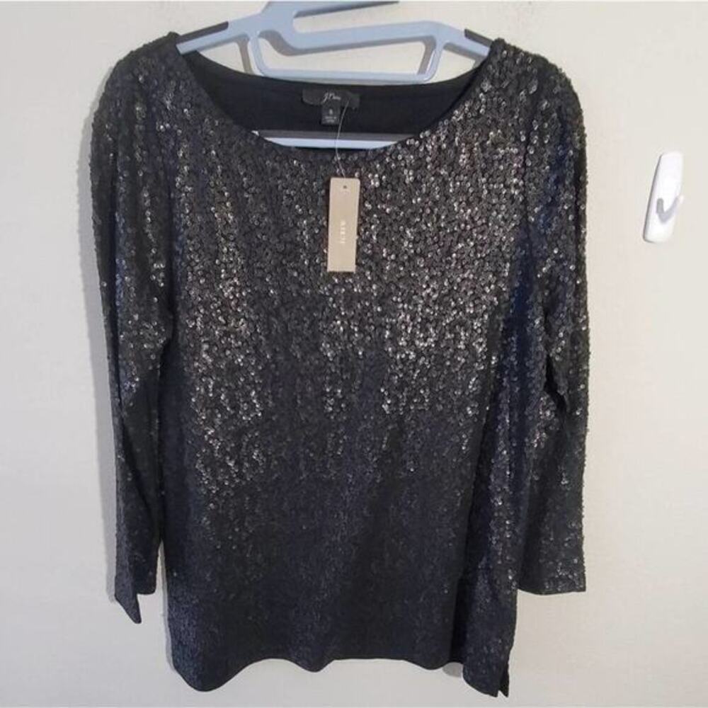 J.Crew Black Sequin Boat Neck 3/4 Sleeve Top shirt Blouse AE984 Size Small NWT - Picture 2 of 8